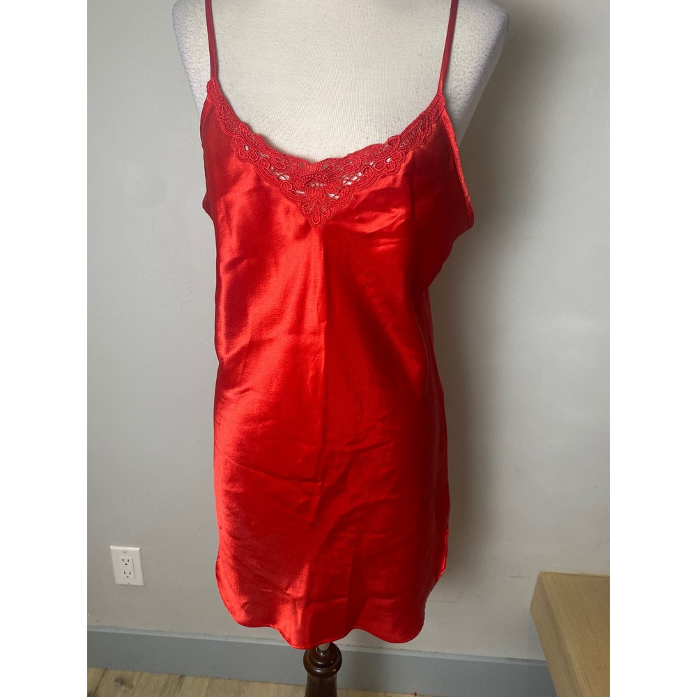 Vintage 90s Alexandra Nicole Red Satin Lace Trim Chemise Slip Dress